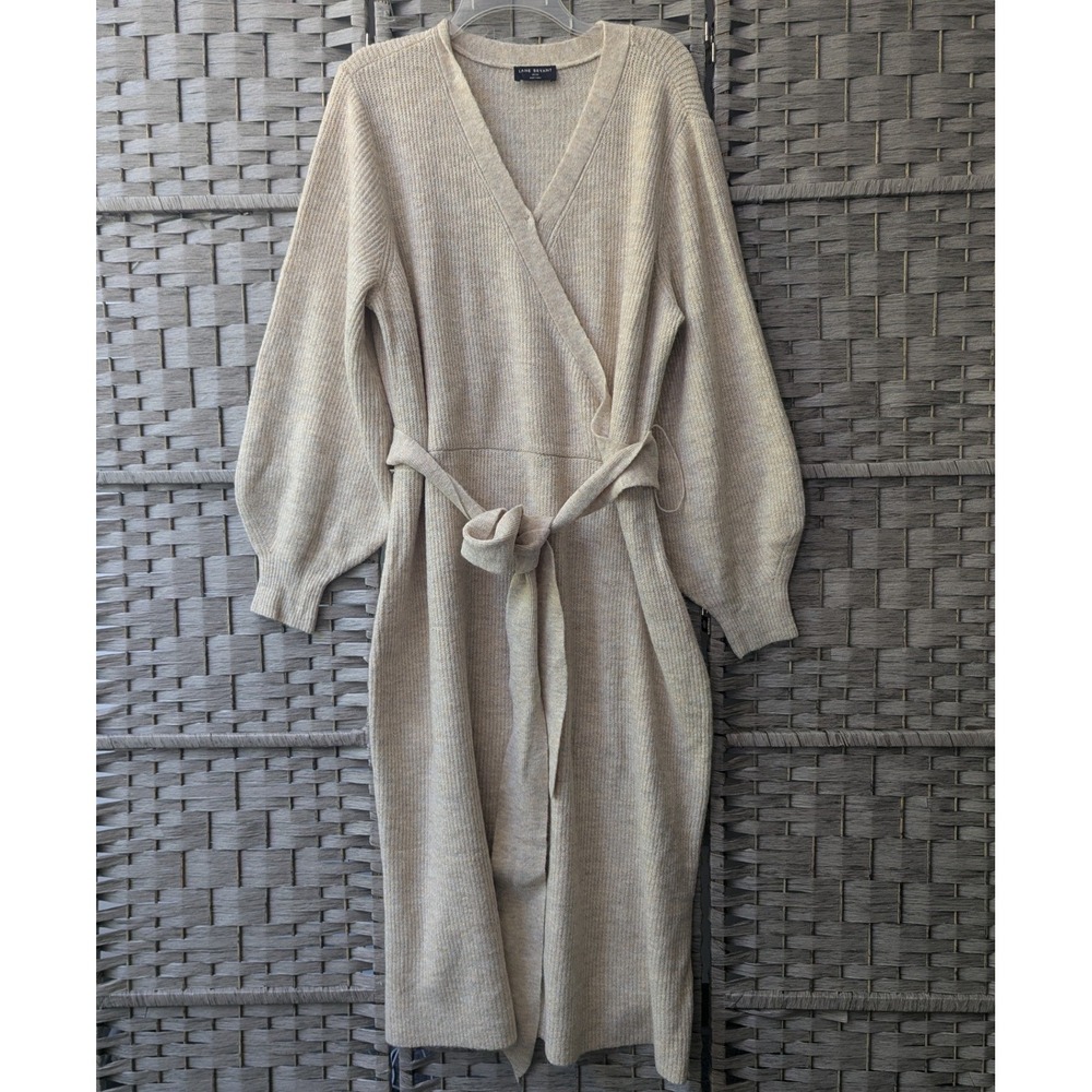 Lane Bryant Sweater Dress Balloon Sleeve Beige Ribbed Knit Wrap Belted Sz 18/20